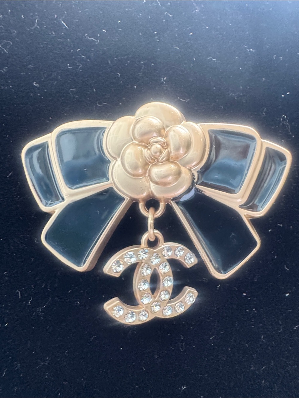 Brooch  Black Enamel Bow Brooch with Gold Camellia and Crystal Charm